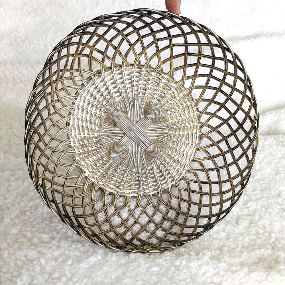 Vintage Silver-Plated Woven Fruit Basket with Scalloped Edge and Braded Pedestal
